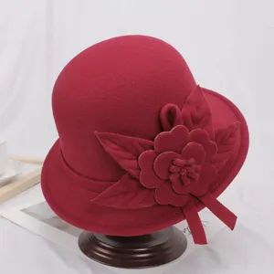 Vrouwen herfst winter wollen vilt cloche hoed elegante bloem fedora stijl britse hoed