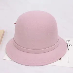 Roze wol cloche hoed herfst winter bucket hoed elegante koepel vilt hoed vrouwen mode accessoire