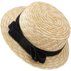 Zomer platte strohoed voor vrouwen kinderen, klassieke zwarte strik lint, zonnescherm.