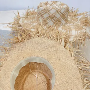 Damen Raffia Fransen breite Krempe Sonnenhut Strand Urlaub UV-Schutz Sommer Strohhut modisch.