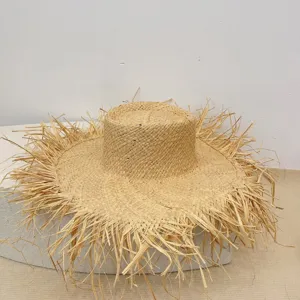 Raffia ausgefranste Strohhut große Krempe Sommer Strand Sonnenschutz Hut für Damen Urlaub.
