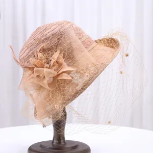 Femmes Été Chapeau de Soleil Protection Solaire Français Vintage Dentelle Maille Dôme Fedora Chapeau Floral Plage Large Bord Chapeau