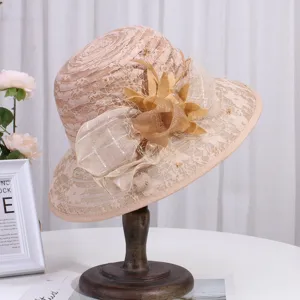 Elegant lace sun hat for women, vintage mesh floral fedora hat for summer beach travel.