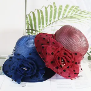 Sun protection hat women summer organza polka dot mesh flower breathable casual bucket hat
