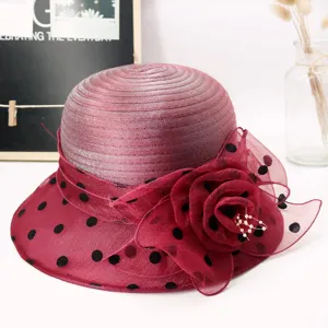 Women's sun hat organza polka dot mesh floral breathable bucket hat summer elegant beach cap