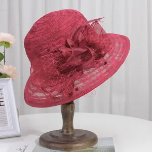 Elegant wine red lace floral sun hat for women, perfect for outdoor travel and parties.