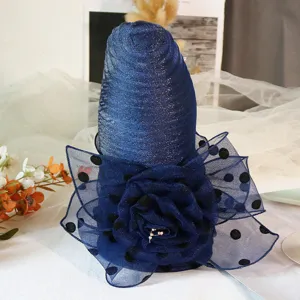 Navy blue organza polka dot sun hat, breathable mesh floral bucket hat for women summer.