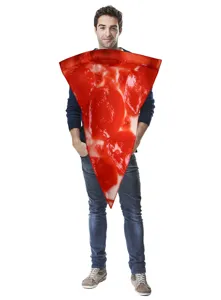 Funny pizza costume detail showing realistic pepperoni and cheese slice print for dress up party.