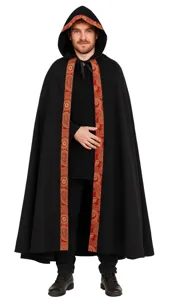 Detailed view of the medieval hooded cloak featuring intricate red and gold trim patterns.