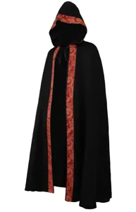 Close-up detail of the black medieval hooded cloak featuring intricate red and gold paisley trim.