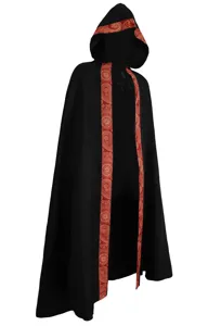 Medieval black hooded cloak with ornate red paisley trim for men and women costume