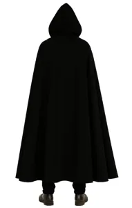 Black hooded medieval cape back view detail, long vintage costume cloak for Halloween.