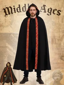Halloween Medieval Hooded Cloak Unisex Adult Gothic Renaissance Cape With Red Gold Lace Trim Cosplay Costume