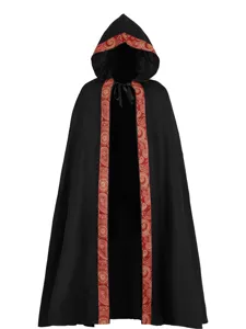 Medieval Halloween hooded cloak with red paisley trim, black long cape costume for adults.