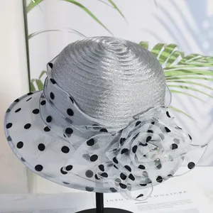 Silver grey organza sun hat with black polka dots and flower detail for summer women.