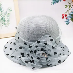 Summer organza polka dot sun hat with mesh flower, breathable and stylish women bucket hat.