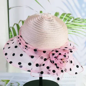 Women summer sun hat organza polka dot mesh floral breathable bucket hat detail view
