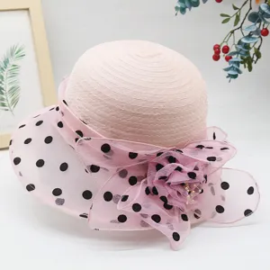 Pink organza polka dot sun hat with mesh flower detail, breathable summer bucket hat.
