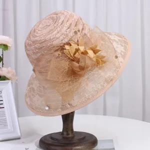 Elegant French Lace Flower Sun Hat For Women Wide Brim Mesh Mesh Bowknot Dress Hat Romantic Ladylike Beach Vacation Sunshade Hat