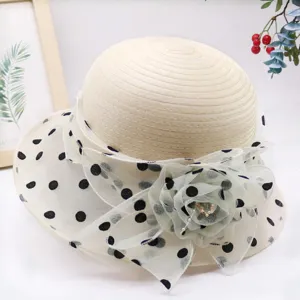 Women's sun protection hat elegant organza polka dot mesh flower bucket hat summer beach