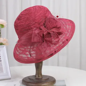 Elegant women's lace floral sun hat detail, vintage church fascinator trim and mesh design.
