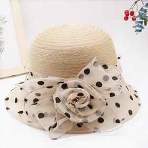 Women summer sun hat organza polka dot mesh flower breathable casual beach fisherman hat