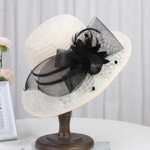 Elegant women mesh lace sun hat with black floral feather detail, chic fashion summer headwear.
