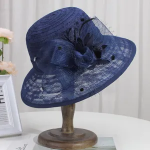Elegant navy blue lace sun hat with floral mesh design, perfect for women summer outdoor travel.