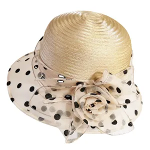 Women sun protection hat summer breathable organza polka dot brim mesh flower bucket hat