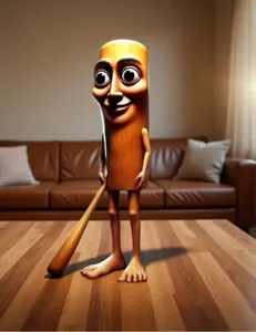 Detailed view of funny wooden stick man character figurine placed on wooden table, close-up scene.