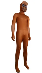 Brown zentai suit costume detail showing smooth spandex fabric and funny face mask design.
