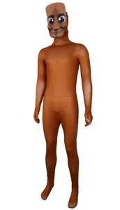 Detailed view of brown cosplay zentai suit with funny face mask for Halloween party costumes.