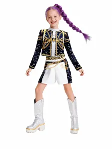 Costume da Performance Kpop per Bambini Gruppo di Ragazze Cacciatrici di Demoni Set Cosplay Giacca e Pantaloncini Stampati in 3D
