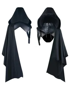 Medieval gothic hooded cape black cosplay costume with mask and adjustable straps for party.
