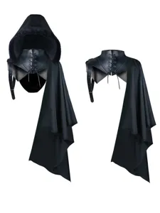 Medieval gothic black leather lace-up hooded cape cloak and collar costume accessory for party.