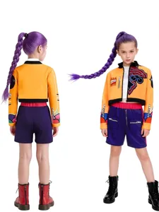 Kids cosplay costume set featuring cropped jacket, shorts and purple braid wig for party events.