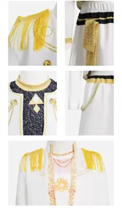 Details of kids K-pop stage costume featuring white fabric, gold fringes and sequins.