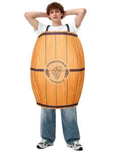 Funny wine barrel costume for Halloween parties, creative foam cosplay outfit for adults.