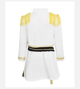 Details of kids white performance stage costume with gold fringe and black waist trim for cosplay.