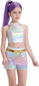 Close-up of holographic crop top and shorts set with shiny finish for kids stage costume.