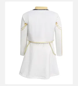 White K-POP cosplay stage costume detail view with gold chains and yellow collar.