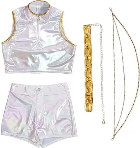 Kids K-pop Stage Outfit Metallic Silver Crop Top Shorts Chain Belt Cosplay Costume Set