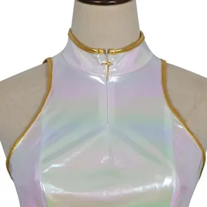 Children's holographic gradient cos top, sleeveless mock neck stage performance costume.
