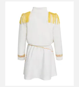 Kids K-pop cosplay costume detail showing white dress with yellow shoulder fringe and cuffs.
