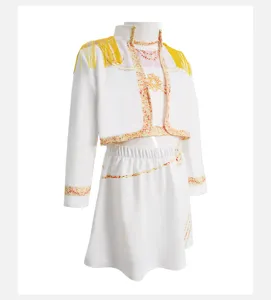 Kids K-pop stage performance costume set featuring a white jacket, top, and pleated skirt.