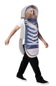 Funny sneaker costume detail showing the realistic blue canvas texture, white laces and toe cap.