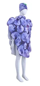 Grape costume detail shot, Halloween fruit party cosplay outfit with realistic print hood.