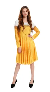 Close-up detail of the funny beer theme printed long sleeve midi dress with foam pattern.