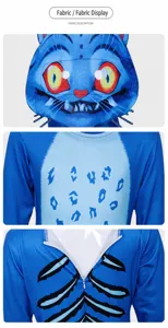 Vue détaillée du costume de combinaison cosplay tigre bleu avec masque et fermeture éclair.
