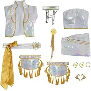 Kids K-POP stage cosplay costume set detail showing gradient white jacket and shiny accessories.